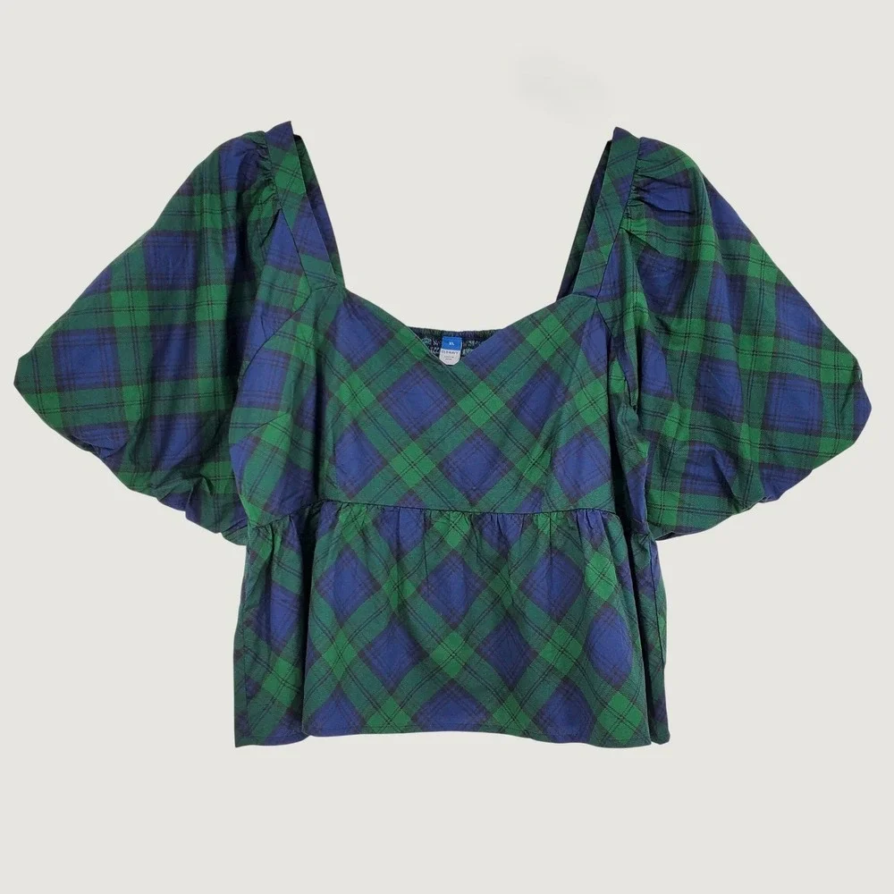 Old Navy Womens XL Blue Green Plaid Puff Sleeve Peplum Smocked Top 100% Cotton